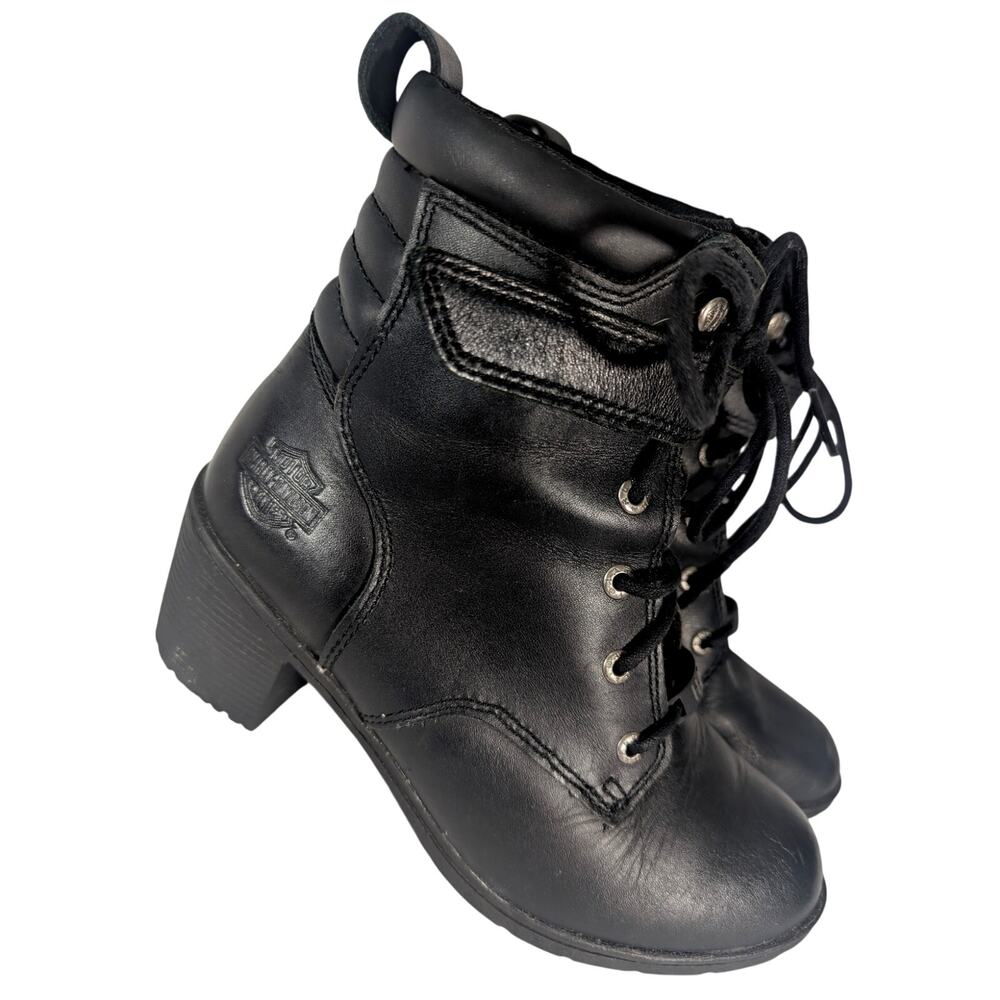 HARLEY DAVIDSON! BLACK GENUINE LEATHER CHUNKY HEEL LACE UP LOGO ANKLE BOOTS! 7.5